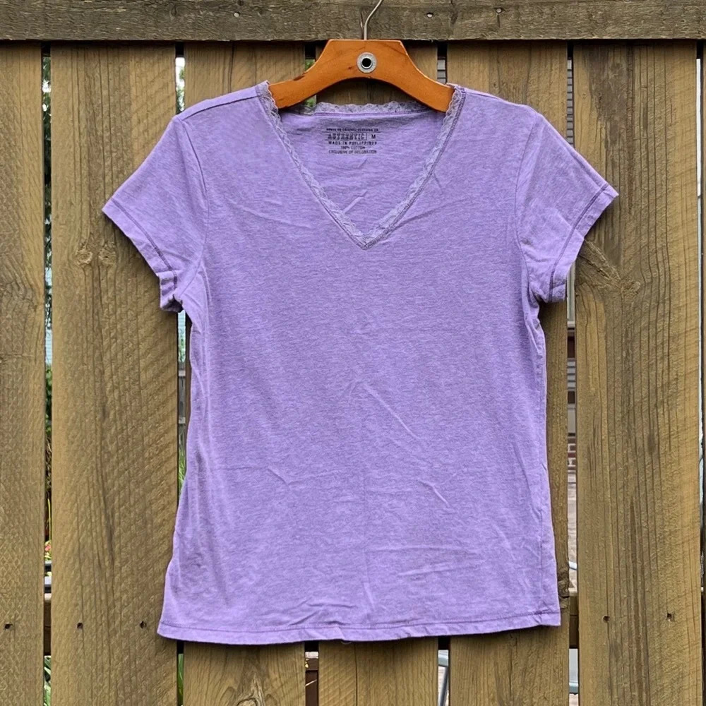 M Route 66 Purple Cotton Lace Trim V-Neck Tee